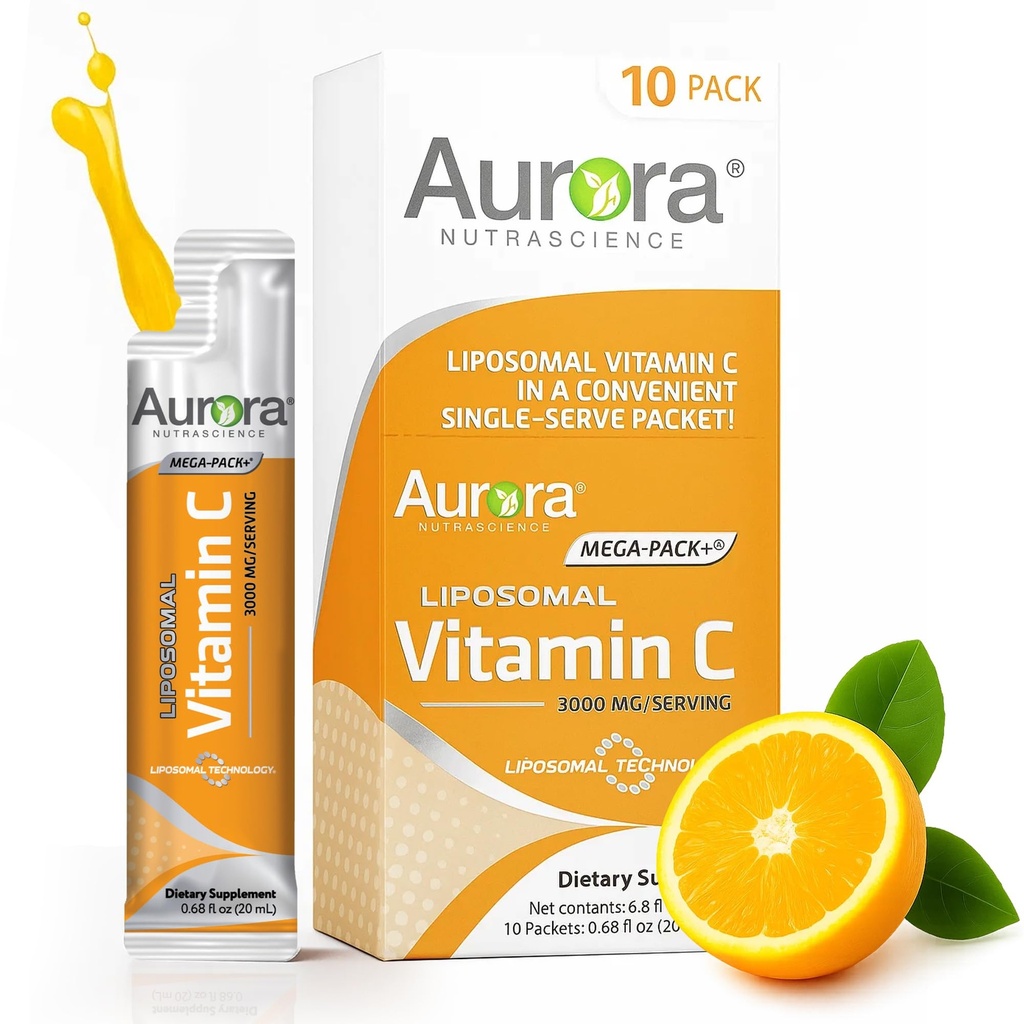 Aurora Nutrascience Mega-Pack Lipossoma Vitamina C, Suporte imunológico, 3.000 mg por serviço, Vegan, Sem glúten, Não-GMO, 10 Pacotes de serviço único, Laranja