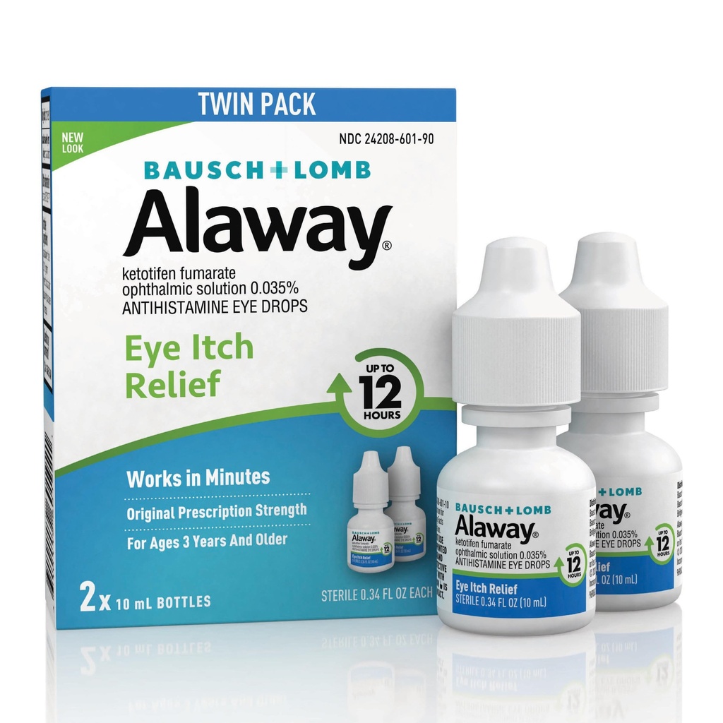 Alaway Anti-histamínico Colírios para Comichão Olhos, Atuação Rápida, Até 12 horas de alívio do prurido do olho, fórmula clinicamente testada de prescrição-força, 0,34 Fl Oz (Pacote de 2)