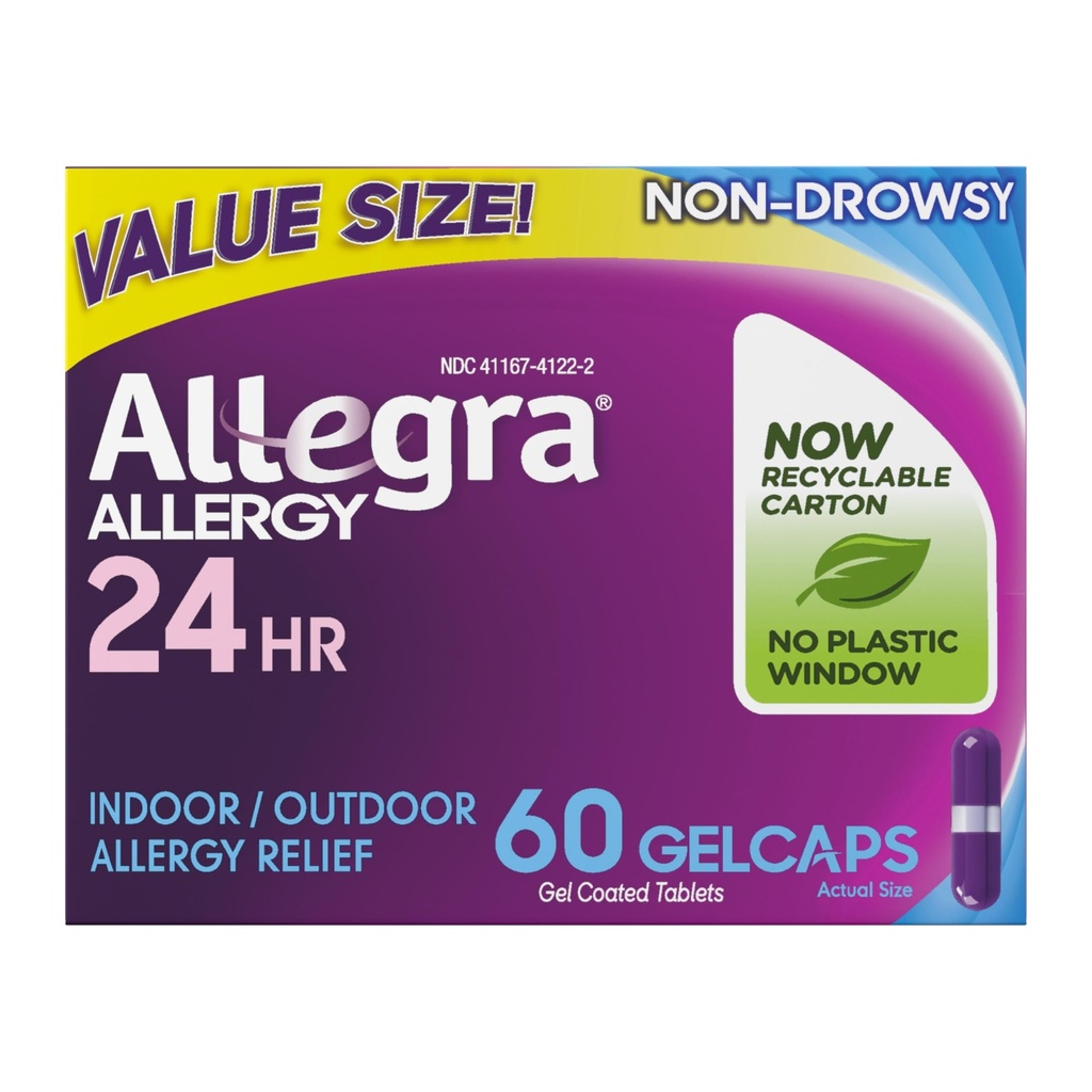 Allegra Adulto 24 horas Alergia Alívio Gelcaps, Não-Drowsy Indoor and Outdoor Alergy Medicine, 180 mg Fexofenadina HCI Anti-histamínico Pill, 60-Count