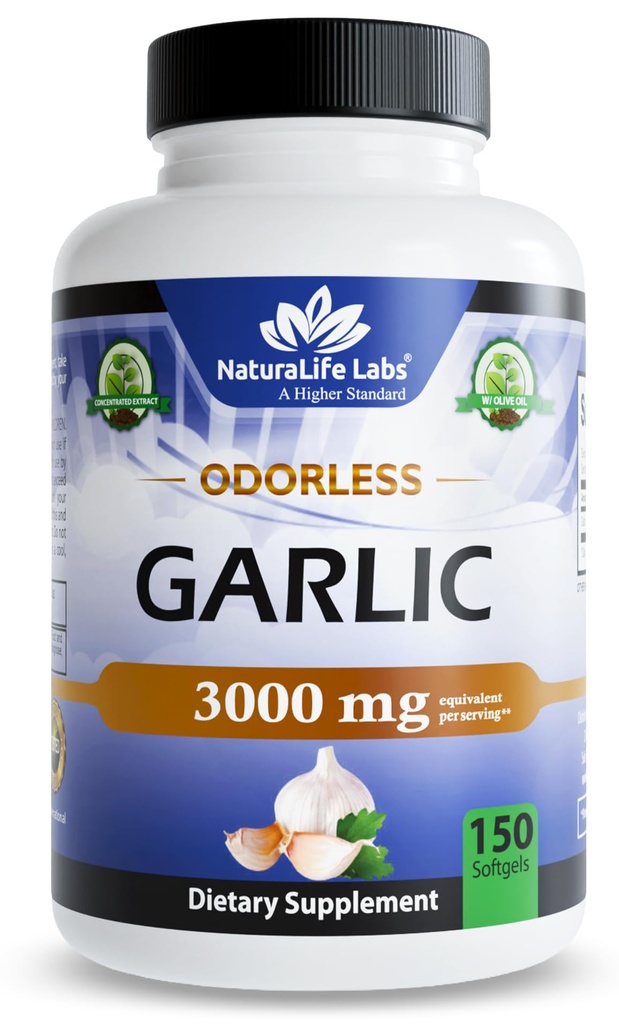 Laboratório NaturaLife Alho Odorless – 3.000 mg Equivalente por Serviço – 150 Softgels – Extrato de Alho Concentrado com Azeite Extra Virgem Orgânico – Não-GMO, Sem Glúten