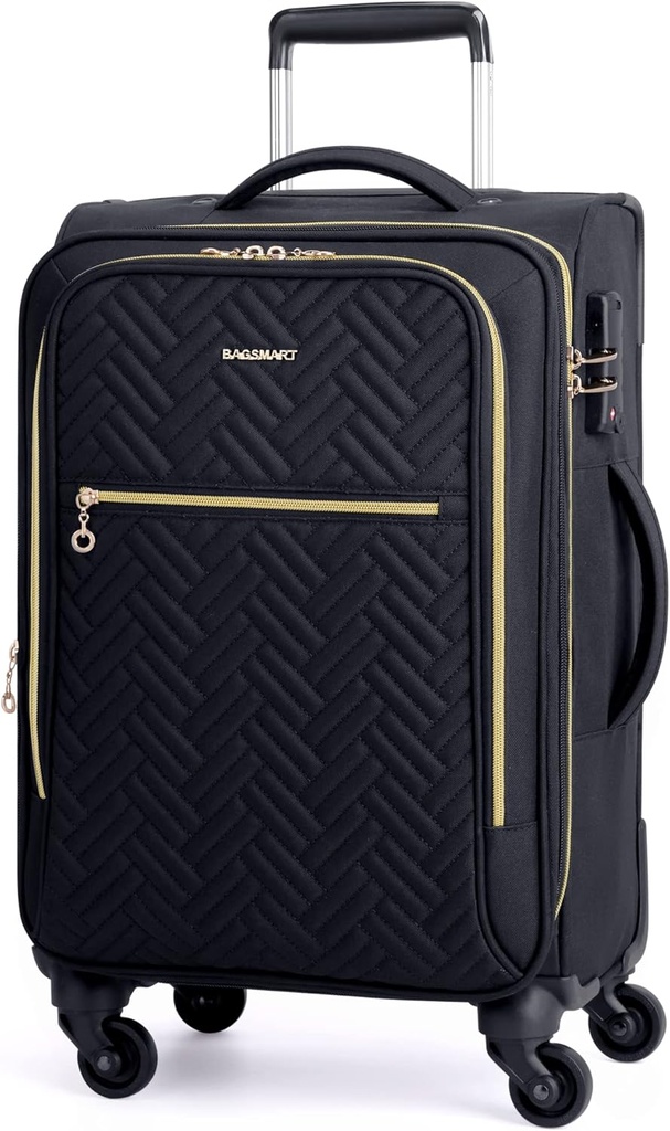 BAGSMART transporte sobre bagagem 20 polegadas,Softside Mala expansível com rodas Spinner, Bagagem 22x14x9 linha de ar aprovado rolamento leve Malas para homens mulheres, Compact Carry-On (Black)
