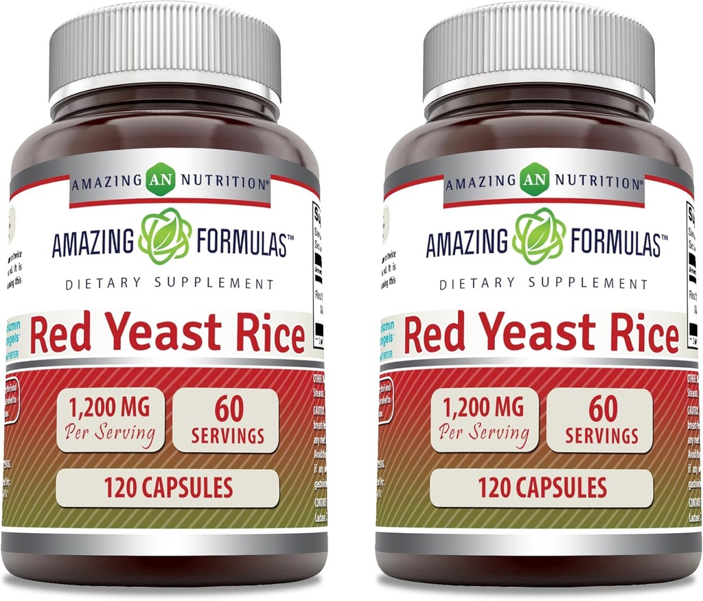Fórmulas surpreendentes Vermelho Levedura Arroz 1200mg Por Cápsulas de serviço Suplemento □ Não-GMO □ Gluten Free □ Made in USA (120 Count □ 2 Pack)