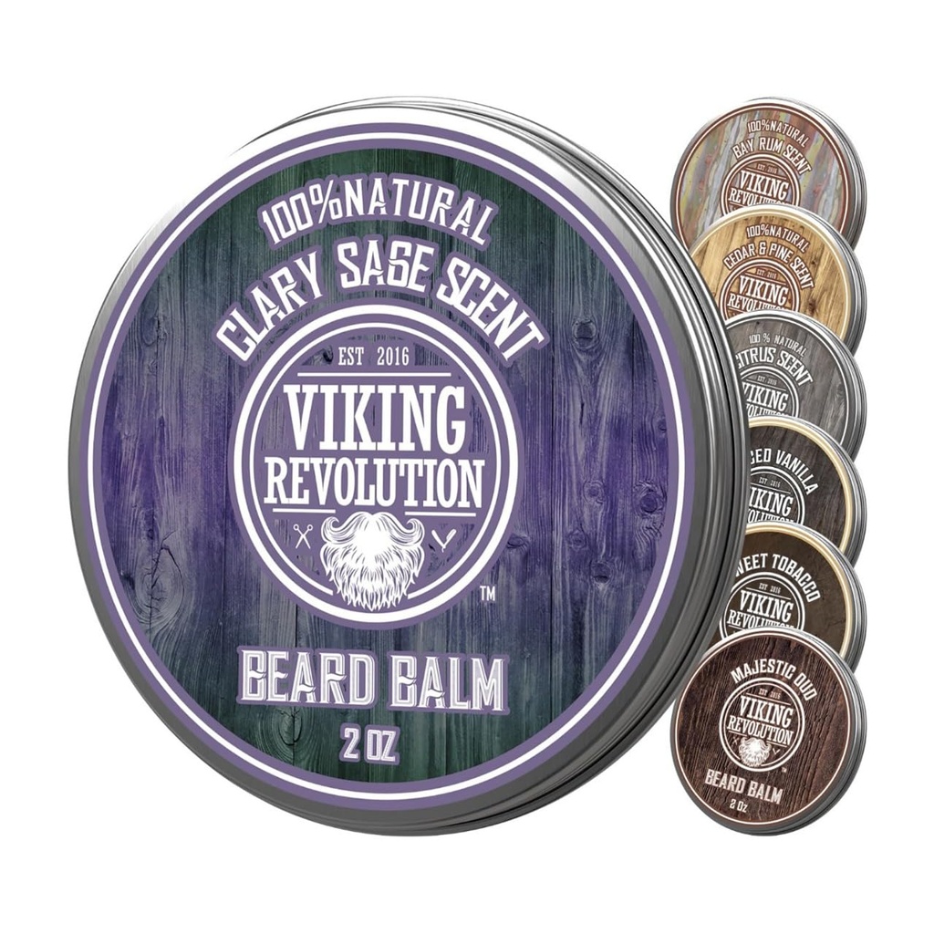 Viking Revolution Clary Sage Balm Barba - Manteiga de barba com óleo de Argan, Amortecedor de barba para homens com óleo de Jojoba - Moisturizer de barba para homens com cera de abelha - Cera de barba para homens (2 oz, 1 pacote)