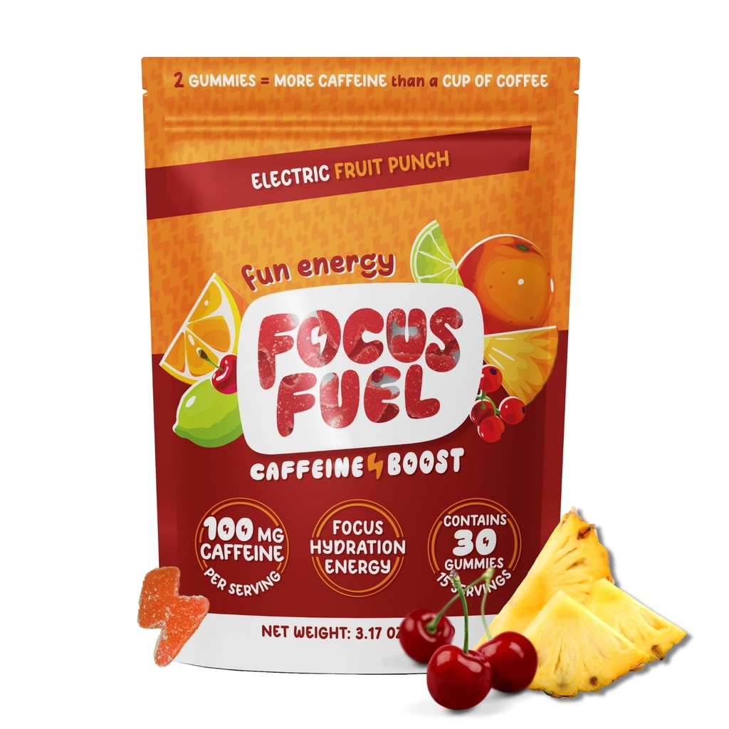 FocusFuel Energy Chews – Fruit Punch Flavor (15 Servings) – 100mg Cafeína + L-Theanina + B12, Magnésio – Boost Focus & Energy – No Crash or Jitters