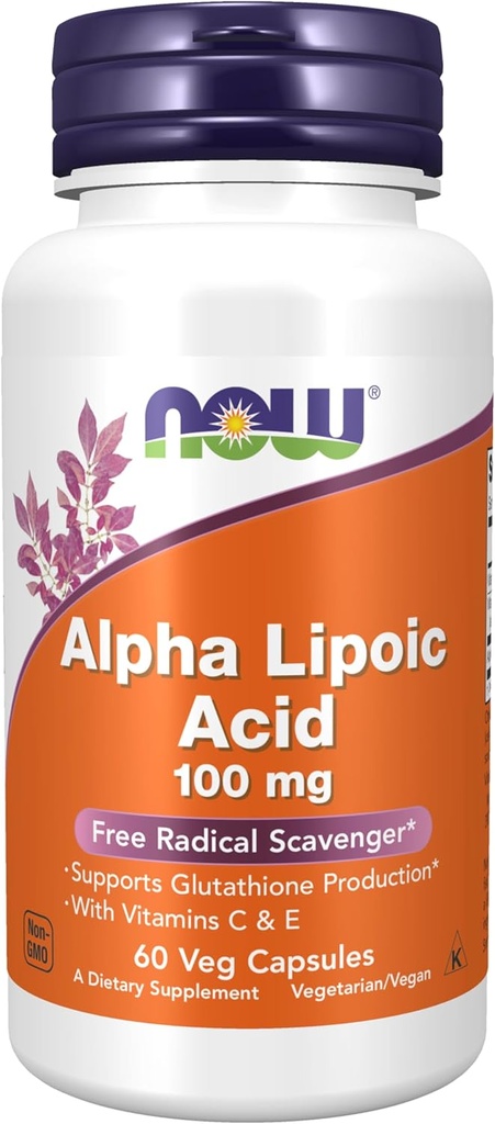 Now Foods Supplements, Alpha Lipoic Acid 100 mg com Vitaminas C & E, Free Radical Scavenger*, 60 Veg Cápsulas