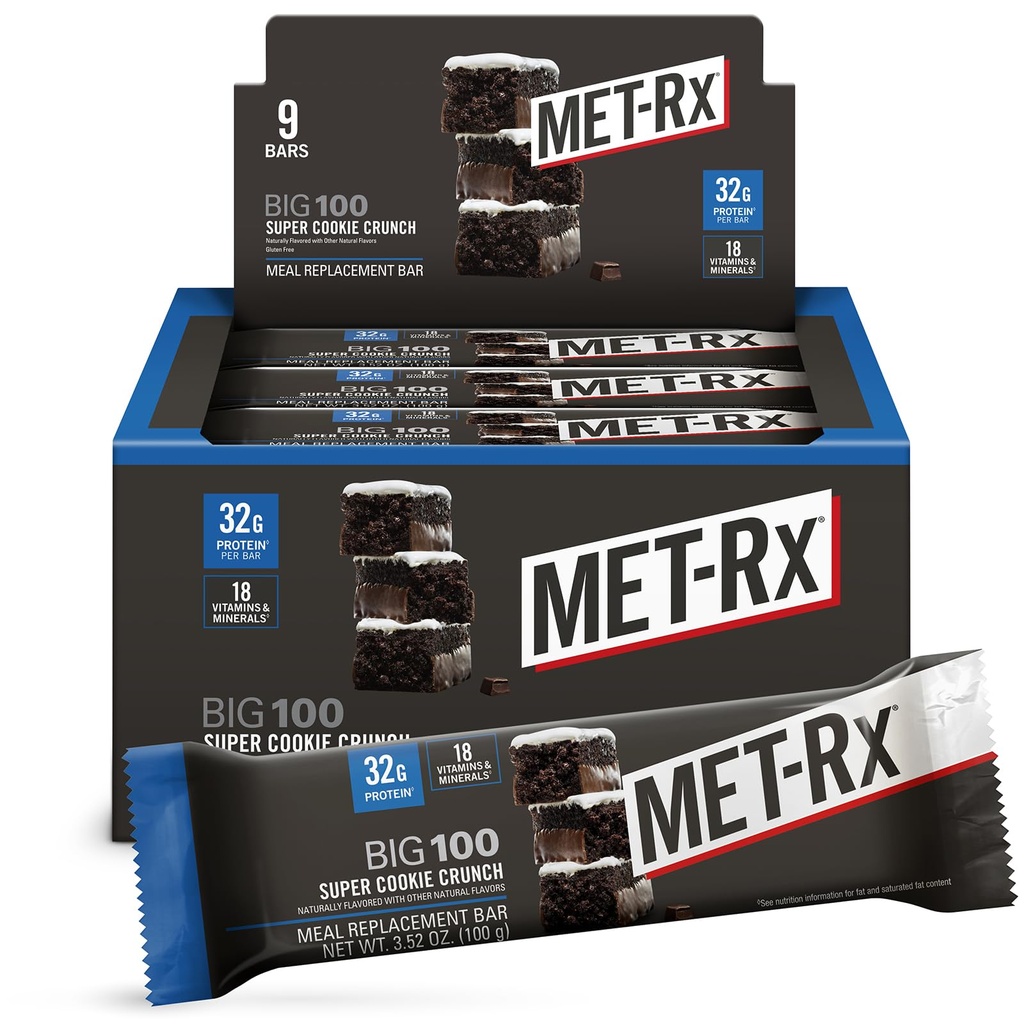 MET-Rx Big 100 Protein Bar, Barra de Substituição de Refeição, Proteína 32G, Super Cookie Crunch, 9 Bares (Pacote de 1)
