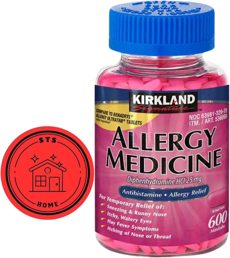 KirkIand Signature Allergy Medicine Difenidramina HCI 25 Mg, 600 Minitabs + STS Sticker.