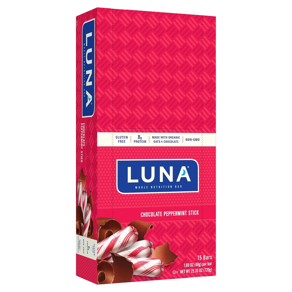 LUNA BAR - Lanches sem glúten - Chocolate Peppermint Stick -8g de proteína - Não-GMO - Lanchonete saudável com base em plantas - No Go Snacks (1.69 Ounce Snack Bars, 15 Conde)