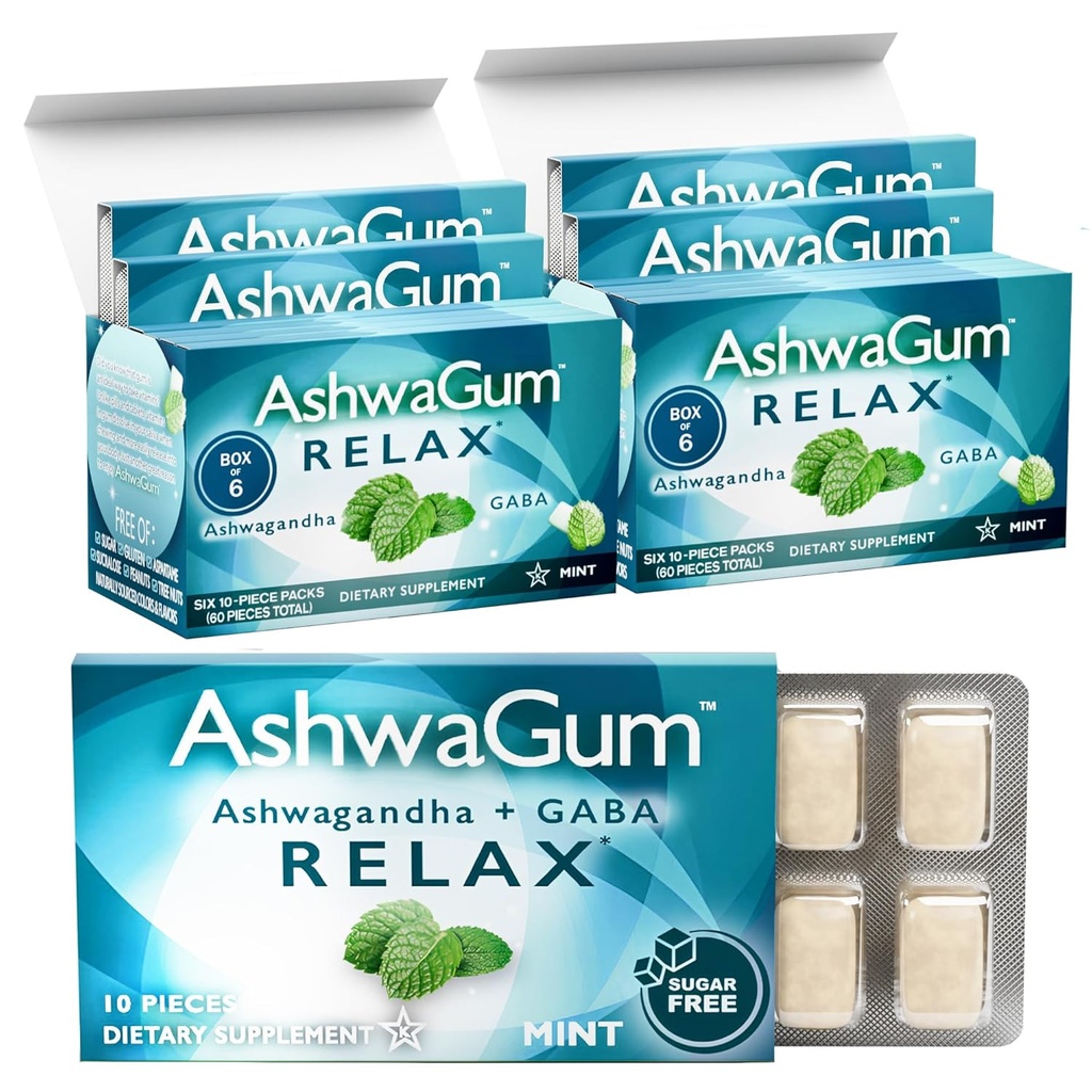 AshwaGum RELAX Gum por BetterGum, Suplemento de alta potência com KSM 66 Ashwagandha e Gaba, Suporta estresse e alívio de tensão, Alternativa para chicletes, Livre de açúcar, Pacote de 2