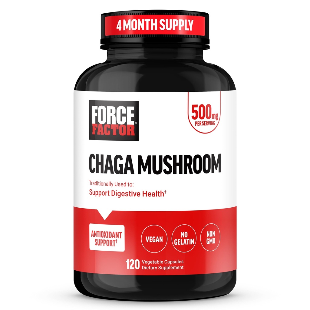 FORCE FACTOR Chaga Cogumelos Cápsulas, Suplemento de cogumelos para apoiar Gut Saúde e Digestão, Feito de cogumelos reais, Vegan, Não-GMO, 120 Cápsulas
