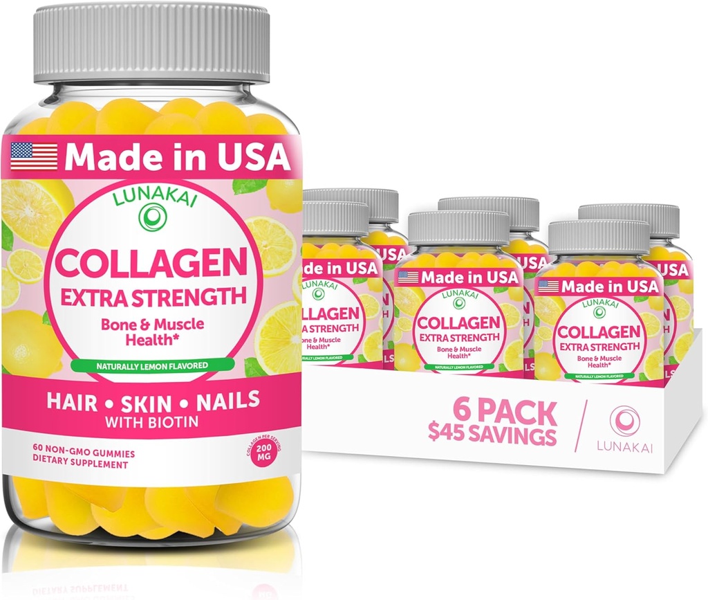 Pastilhas de colágeno Lunakai - Fórmula de propriedade mais saborosa - 200mg Pastilhas de colágeno hidrolisadas para mulheres e homens com biotina, zinco, vitamina C e E - Suplemento antienvelhecimento não-GMO para mulheres - 6 Pack