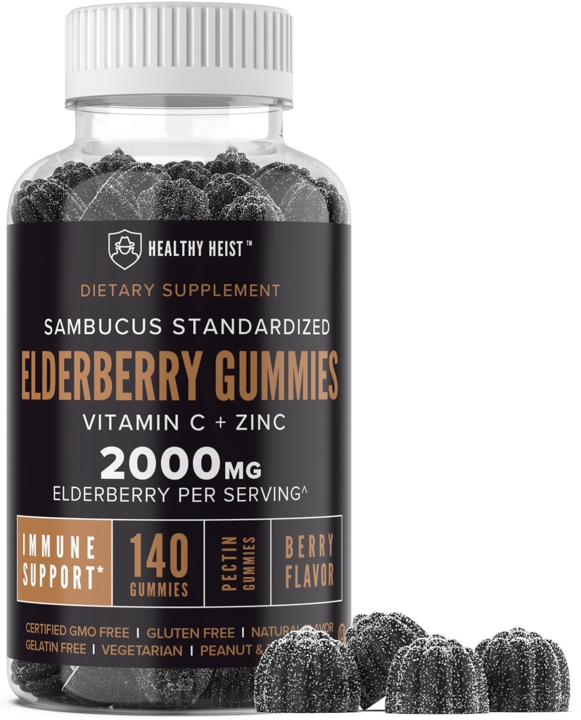 Sambucus Black Elderberry Gummies com Zinco e Vitamina C, 140 chicletes, Mastigable Imune Support para adultos e crianças, Não OGM, Kosher, Pectin, Vegan, Delicious Berry Flavor