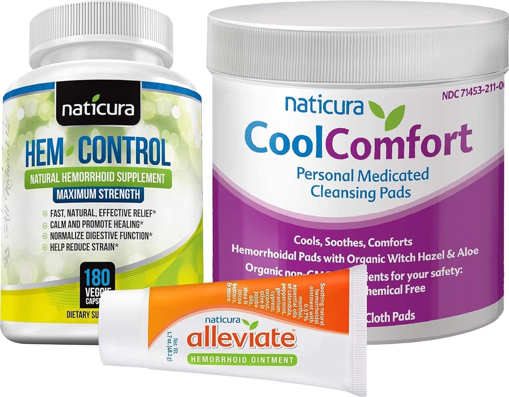 Pacote - Aliviação Natural Hemorroid Alívio Pomada, Hem-Control Suplemento Natural Hemrorroid (180 Count), e CoolComfort Personal Cleansing Pads (100 Count) - All-Natural, Atuação Rápida