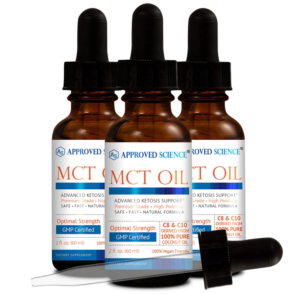 Aprovado Science® MCT Oil - Puro Triglicerídeo de Média Cadeia (MCT) Óleo derivado de cocos com Ácido Caprílico (C8) e Ácido Caprico (C10) - Vegan, 60 ml - Embalagem de 3