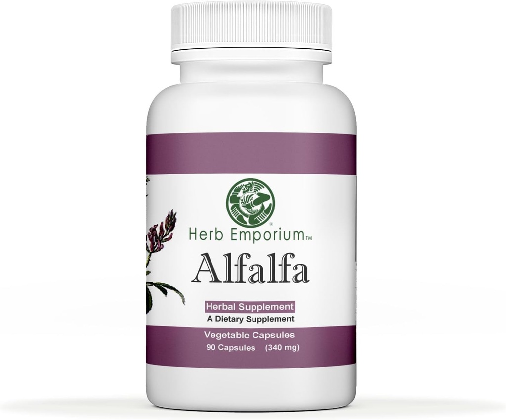 Herb Emporium Alfalfa (Medicago Sativa L, Alpalpa) Cápsulas 90 Cápsulas Vegetais (340 mg) Suplemento de ervas para digestão saudável (Pacote de 1)