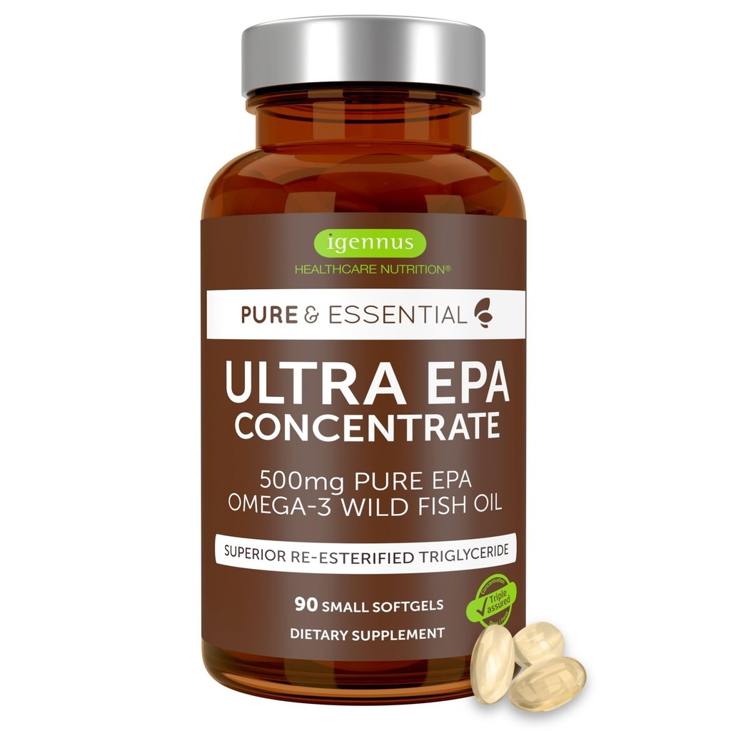Igennus Ultra Pure Omega-3 EPA 500mg, Óleo de peixe selvagem certificado IFOS altamente concentrado, Forma avançada de triglicerido rTG, Não-GMO, 90 pequenos Softgels