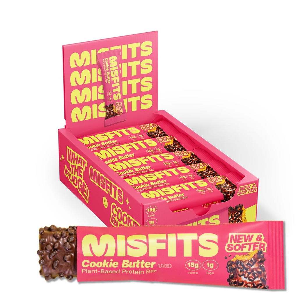 Misfits Vegan Protein Bars, Cookie Butter - Updated Recipe - Planta com base, Baixo açúcar & carboidrato, Snacks de alta fibra de 15