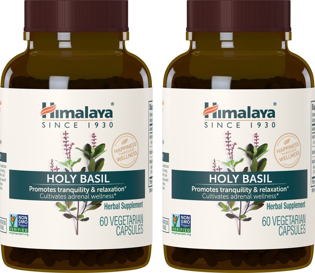 Himalaya Holy Basil, Fonte de 60 dias - Herbal Apoio Adrenal para alívio do estresse, Relaxação, Apoio Energético e Descanso Ocasional - Vegan, Não-GMO, Glúten Livre, 720 mg, 60 Cápsulas, Pacote de 2