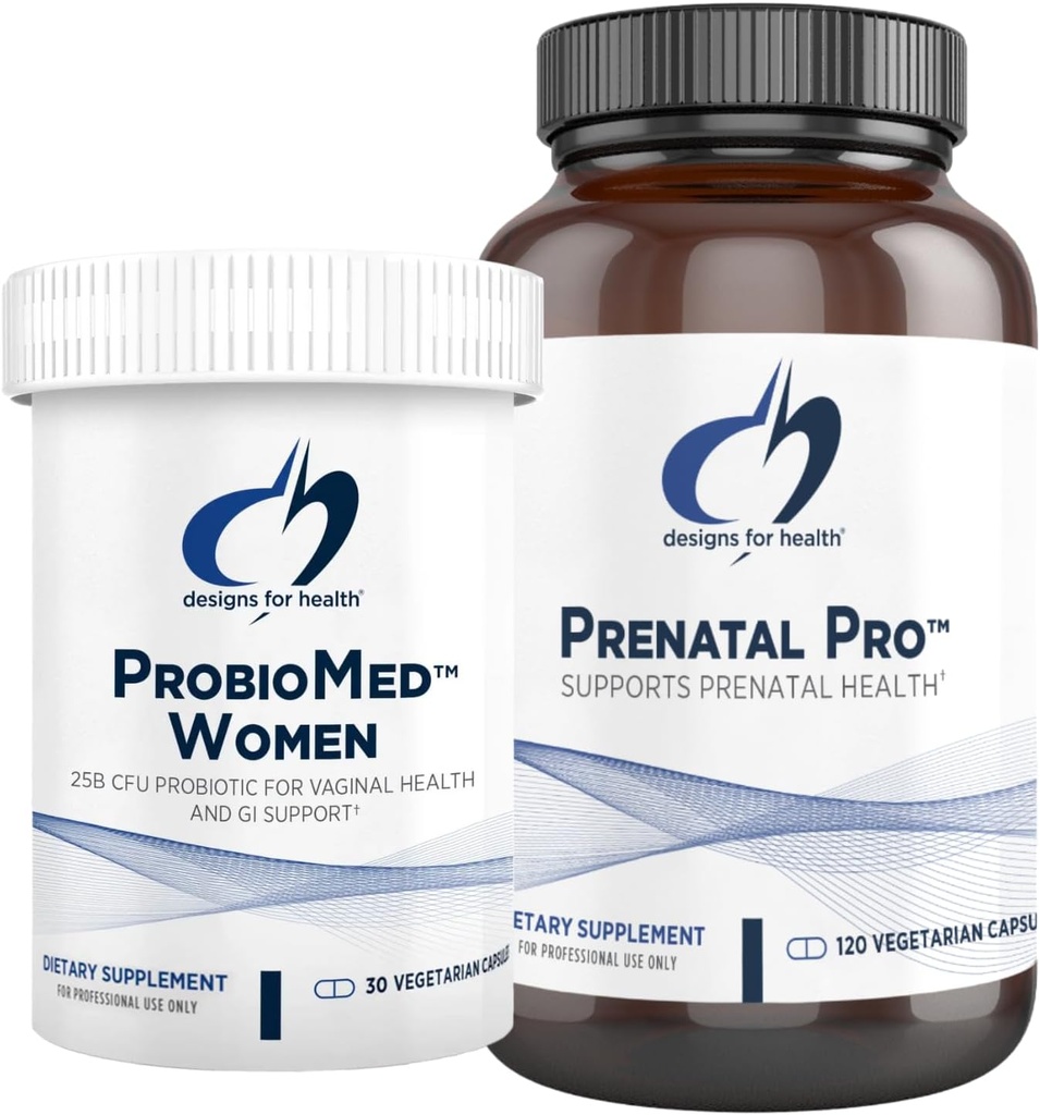 Designs para Saúde Pré-Natal & Probiótico Bundle - Pré-Natal Pro (180 Cápsulas) Multivitamina pré-natal com Folato e Minerais Quelados e ProbioMed Mulheres (30 Cápsulas) Gut Saúde & Vaginal Probiótico