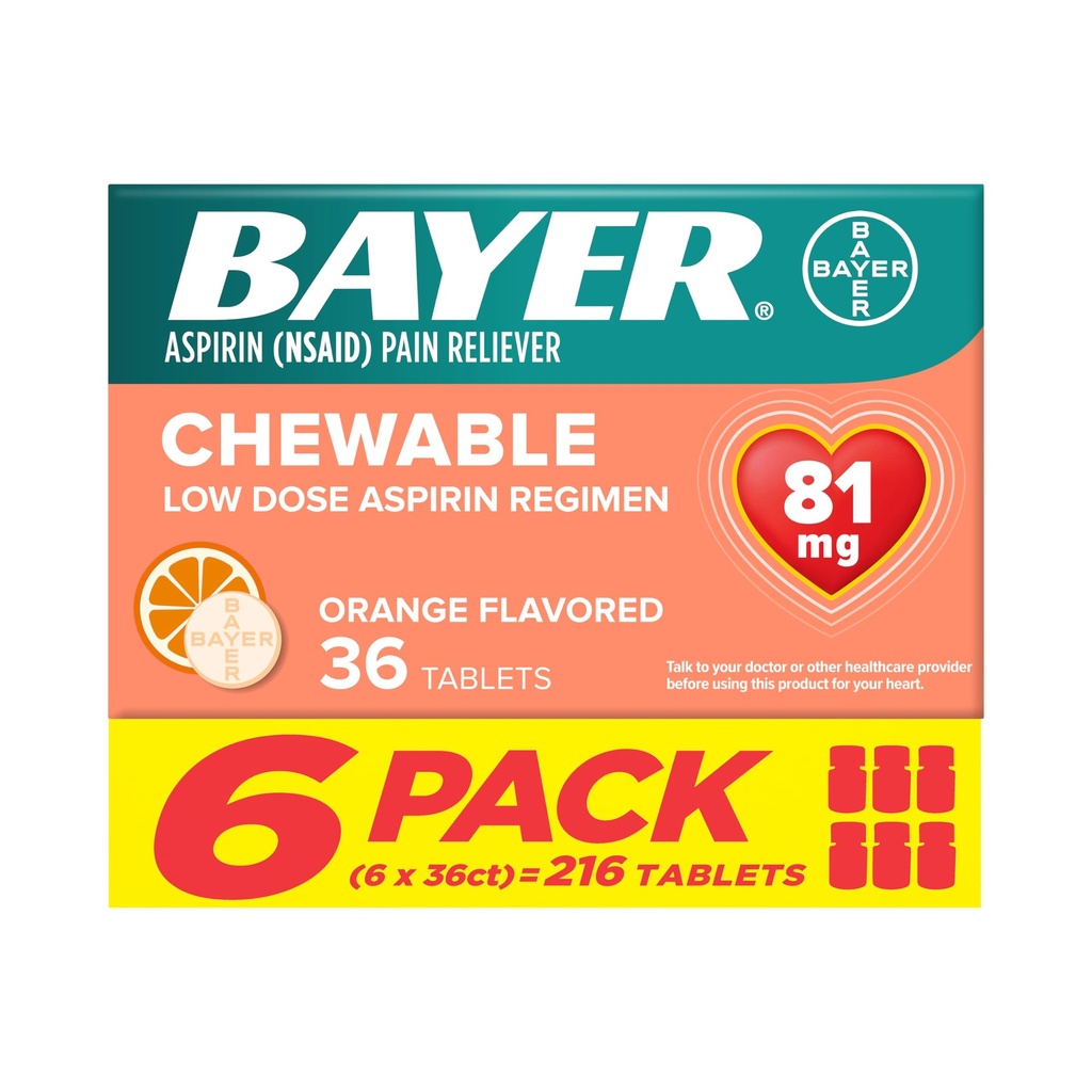 Bayer Aspirina Dose Baixa 81 mg Comprimidos Mastigáveis, Reliever Dor, Aroma Laranja, 216 Comprimidos (6 Embalagem)