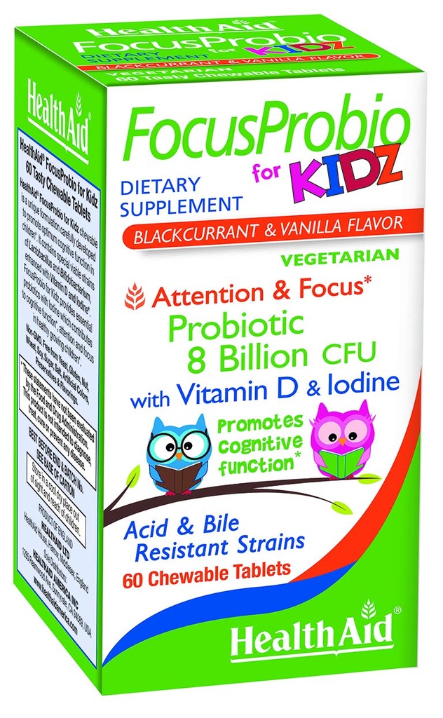 FocusProbio para Kidz, 60 comprimidos mastigáveis, suporta função cognitiva para atenção e foco. Groselha preta e sabor de baunilha, contém vitamina D & Iodine. Estirpe resistente ácido & bile. Vegetariano