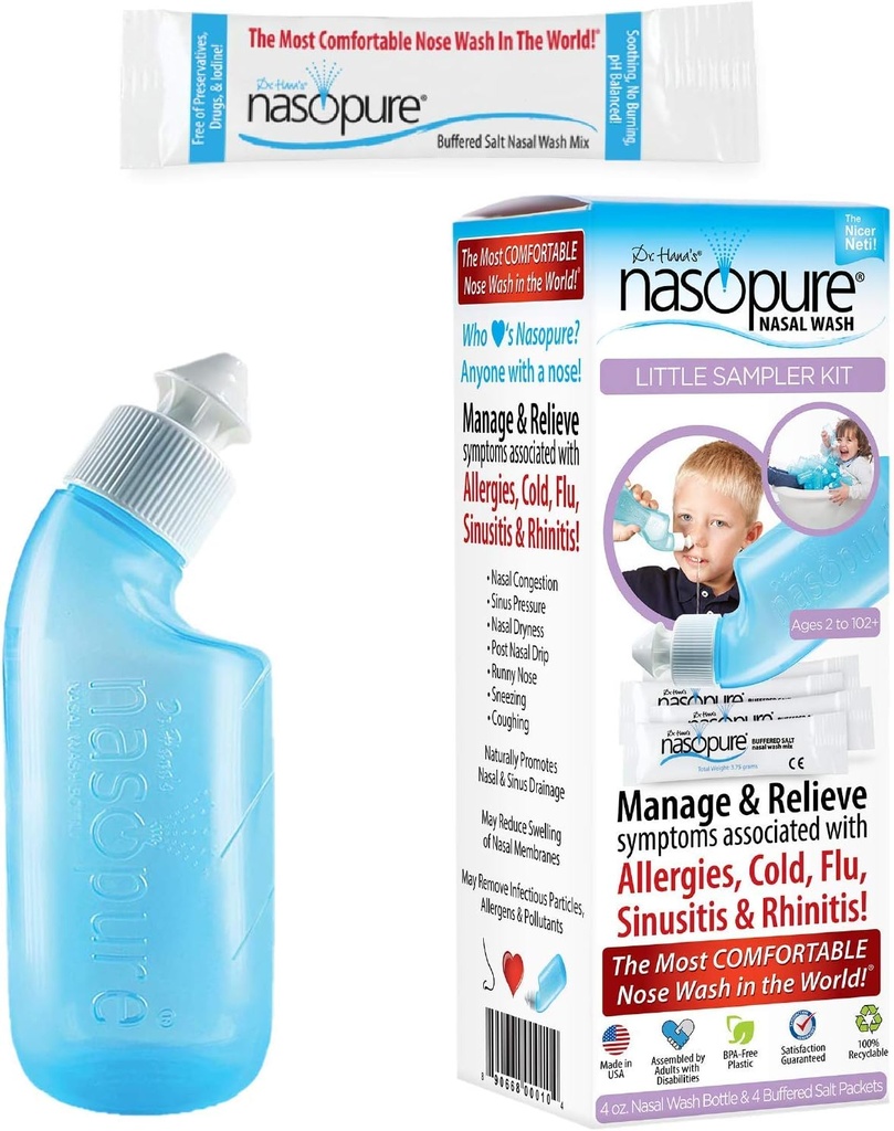 Nasopure Nasal Wash, Little Sampler Kit, “The Nicer Neti Pot” Sinus Wash Kit, confortável Nasal Ringe 4 Oz Garrafa e 4 pacotes de sal (3.75 gr cada), Congestão nasal, Frio, Alergia, Irrigação nasal