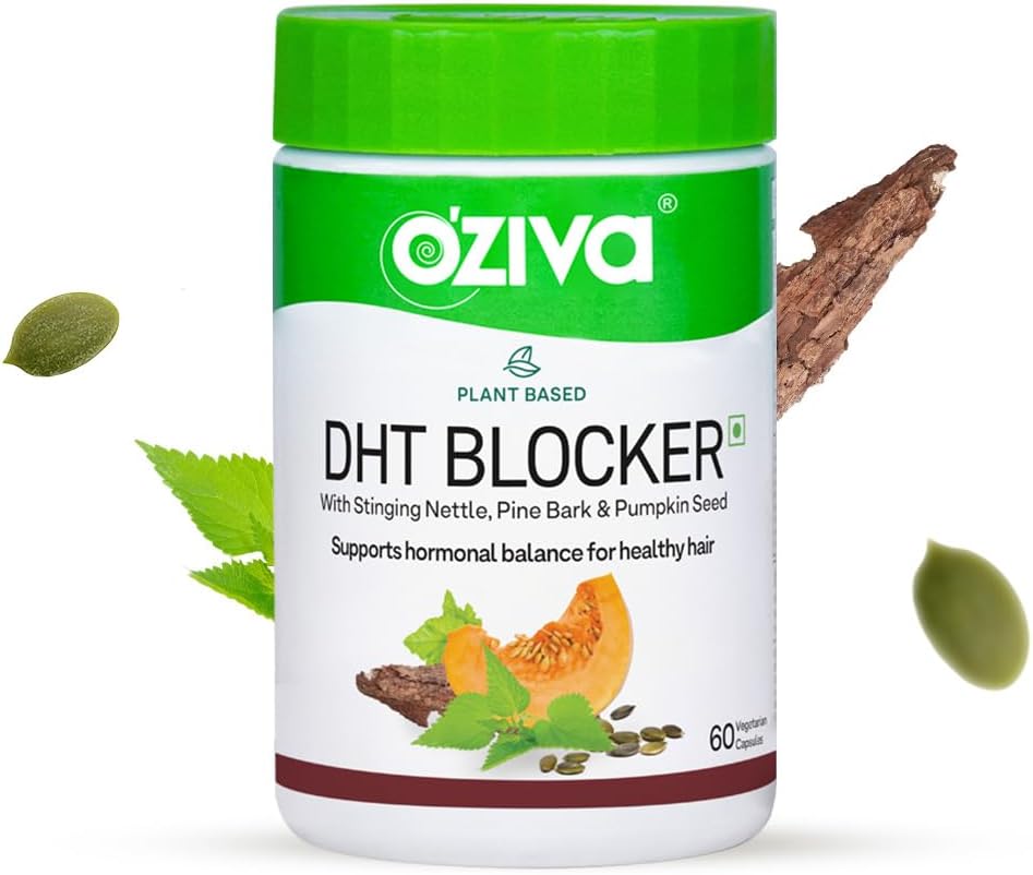 Cápsulas de Bloqueador de DHT baseadas em plantas OZIVA 60 Count com Nettle Stinging, Beta Sitosterol, Pumpkin Seed, Pine Bark para controle de queda de cabelo e estimulação folicular (60 Count)
