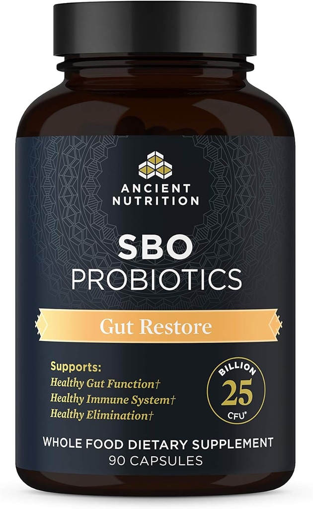 Nutrição antiga Probióticos, SBO Probióticos Gut Restaurar 90 Ct, Promove a saúde do intestino, suporte digestivo e imunológico, sem glúten, Superalimentos Mistura, 25 bilhões de UFCs* Por serviço, 90 cápsulas
