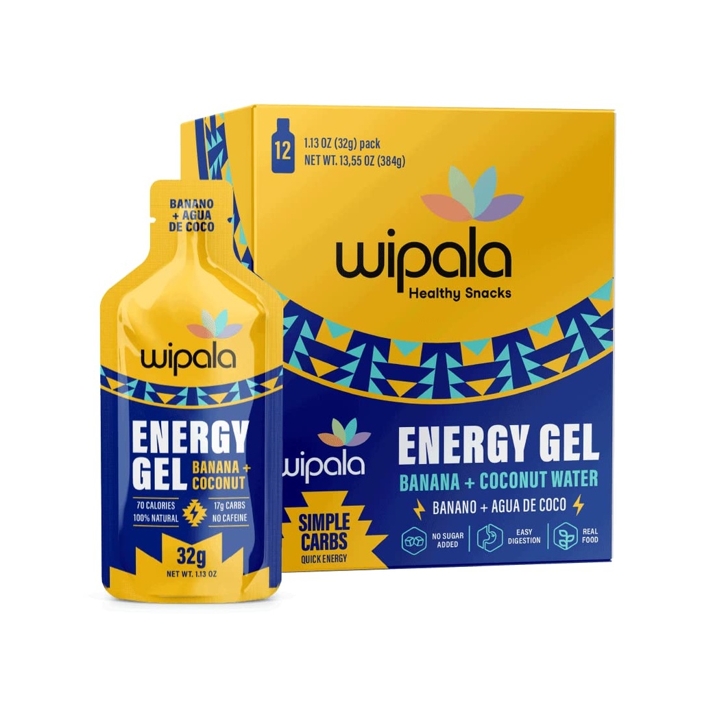Wipala Energy Gel, Coco de banana, 12 Pack - Cafeína grátis, Certificado Vegan, Não OGM - Energia limpa para exercícios de resistência, execução e desempenho