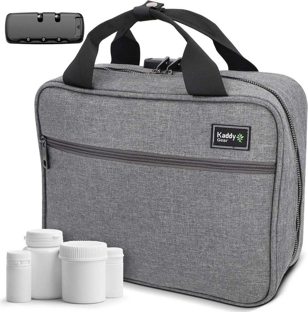 Kaddy grande saco de medicina, seguro, acolchoado, caixa de organizador de pílulas, caso para garrafas de medicina ou suplementos; Armazenamento; WC; 3 Digit Lock, cinza