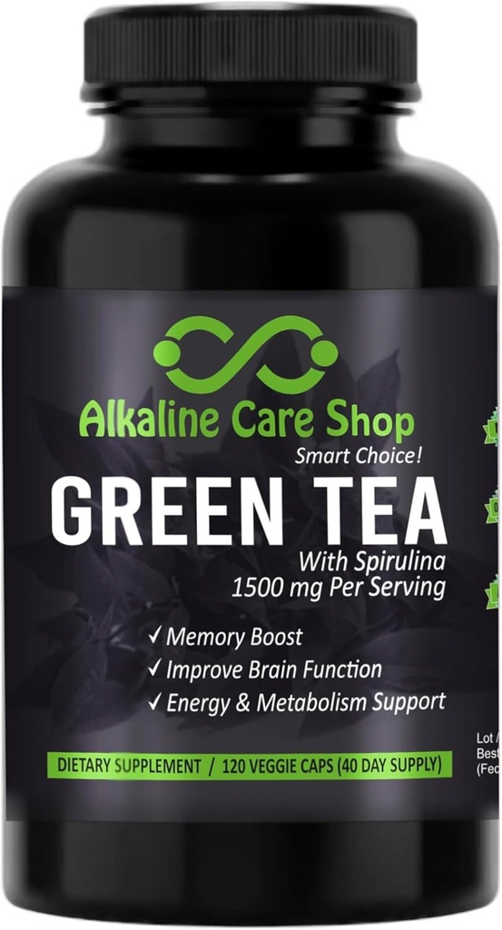 Cuidados alcalinos - Chá verde com extrato de espirulina 1500mg - Suplemento de chá verde ultra potente de alta absorção com espirulina - Chá verde para energia e metabolismo Cápsulas de suporte - 120 Cápsulas