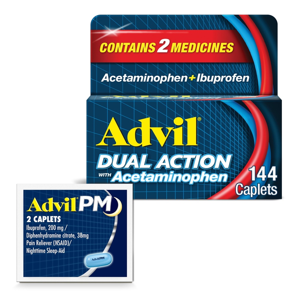 Advil dupla ação com acetaminofeno e ibuprofeno (2 dose equivalente) para alívio da dor de 8 horas, revestido 144 Ct Caplets e 2 Ct. Amostra de Advil PM