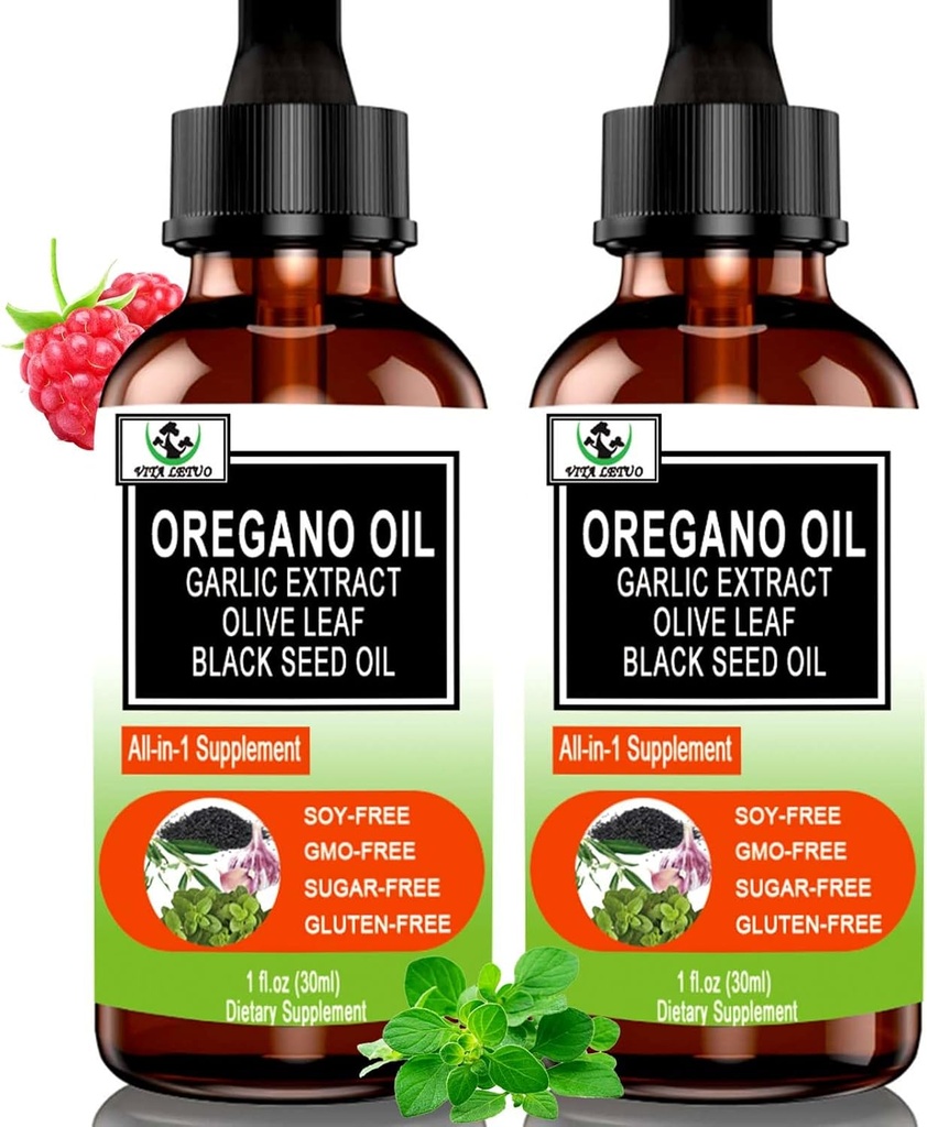 (2 Pack) Óleo orgânico de orégano com óleo de semente preta para imune, suporte digestivo e antioxidante, w / Garlic Elderberry Apoio sazonal 6X Absorção líquido gotas de orégano