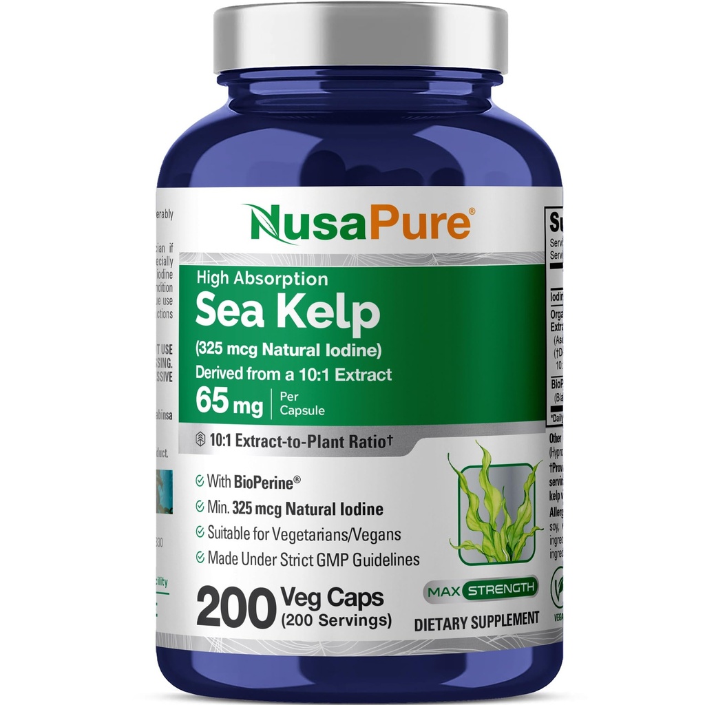 NusaPure Sea Kelp Iodo Natural 325mcg 10:1 Extracto, 65 mg Equivalente a 650 mg Cápsula 200 Contagem (Não-GMO, Vegan)