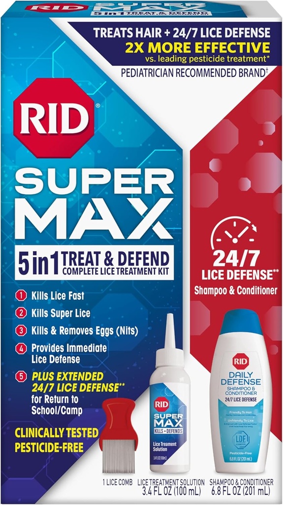 RID Super Max Lice Kit de Tratamento, Mata Lice & Super Lice & Ovos + 24/7 defesa de lice, livre de pesticidas, solução FL OZ 3,4 + 6.8 FL OZ Daily Defense Shampoo & Condicionador + Nit Removal Comb