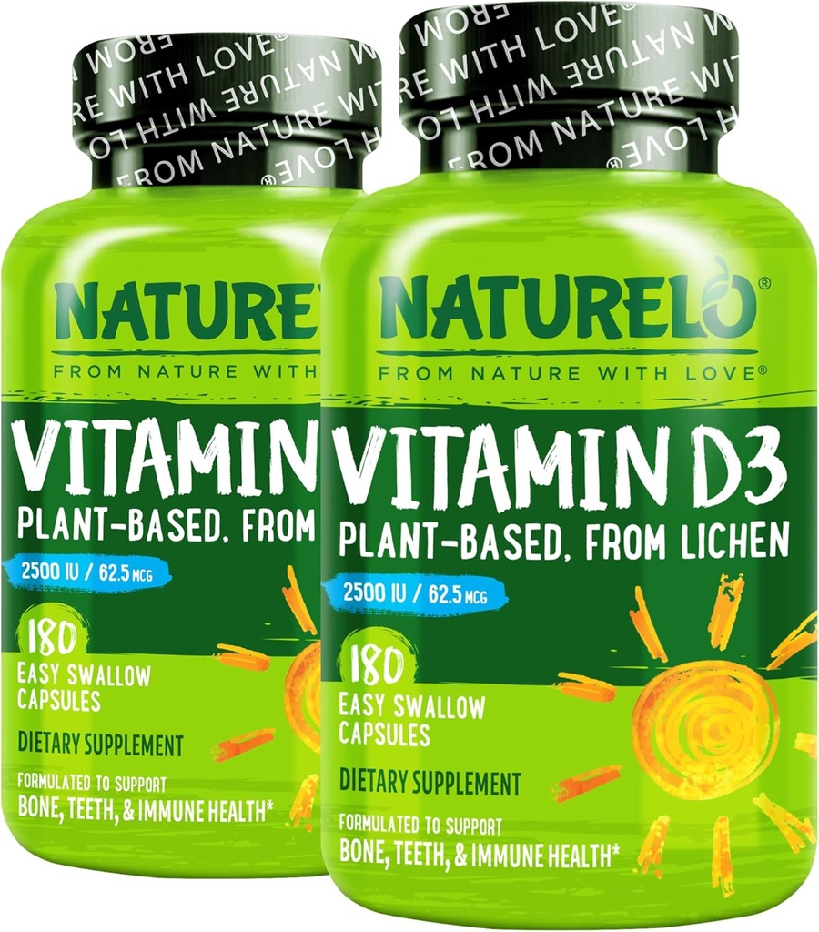 NATURELO Vitamina D - 2500 UI - Planta com base em líquen - Suplemento natural D3 para o sistema imunológico, Apoio ósseo, Saúde Conjunta - Vegan - Não-GMO - Glúten Grátis - 180 Cápsulas (Pacote de 2)