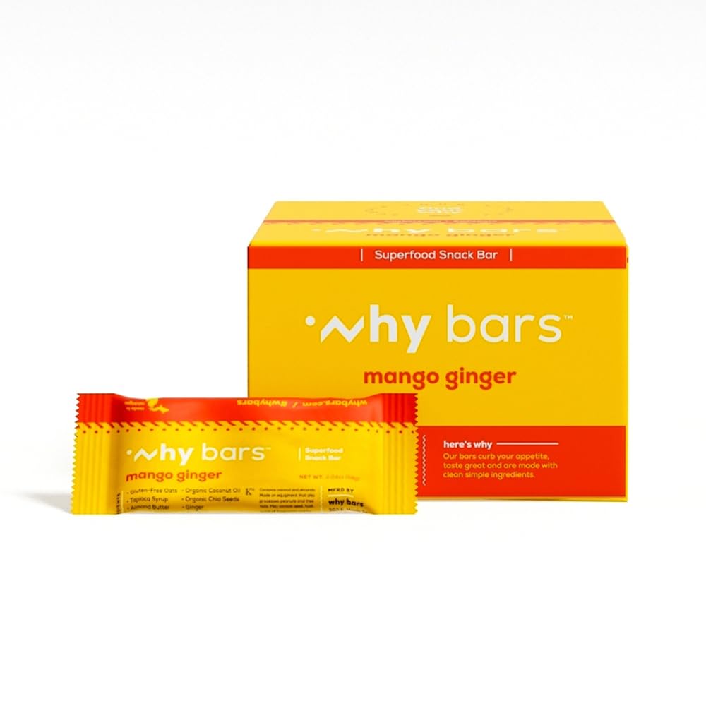 Por que barras, barras de proteína, Mango Ginger, 2.04 Onça Bares (Pack of 12 Protein Bars) - Superalimento da barra de proteína, Sem glúten, Não OGM, Orgânico, Vegan, Ingredientes simples