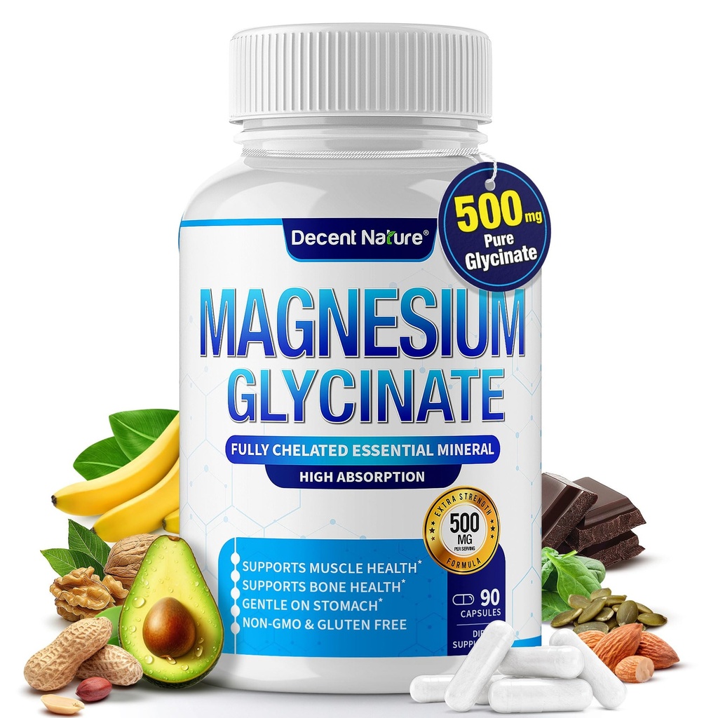 Glicenato de magnésio 500mg Suplemento de magnésio - Quelated para alta absorção e biodisponibilidade Suporte Sono, Músculo, Ossos, Cãis, Recuperação e Energia, Vegan Non-GMO 90 Cápsulas