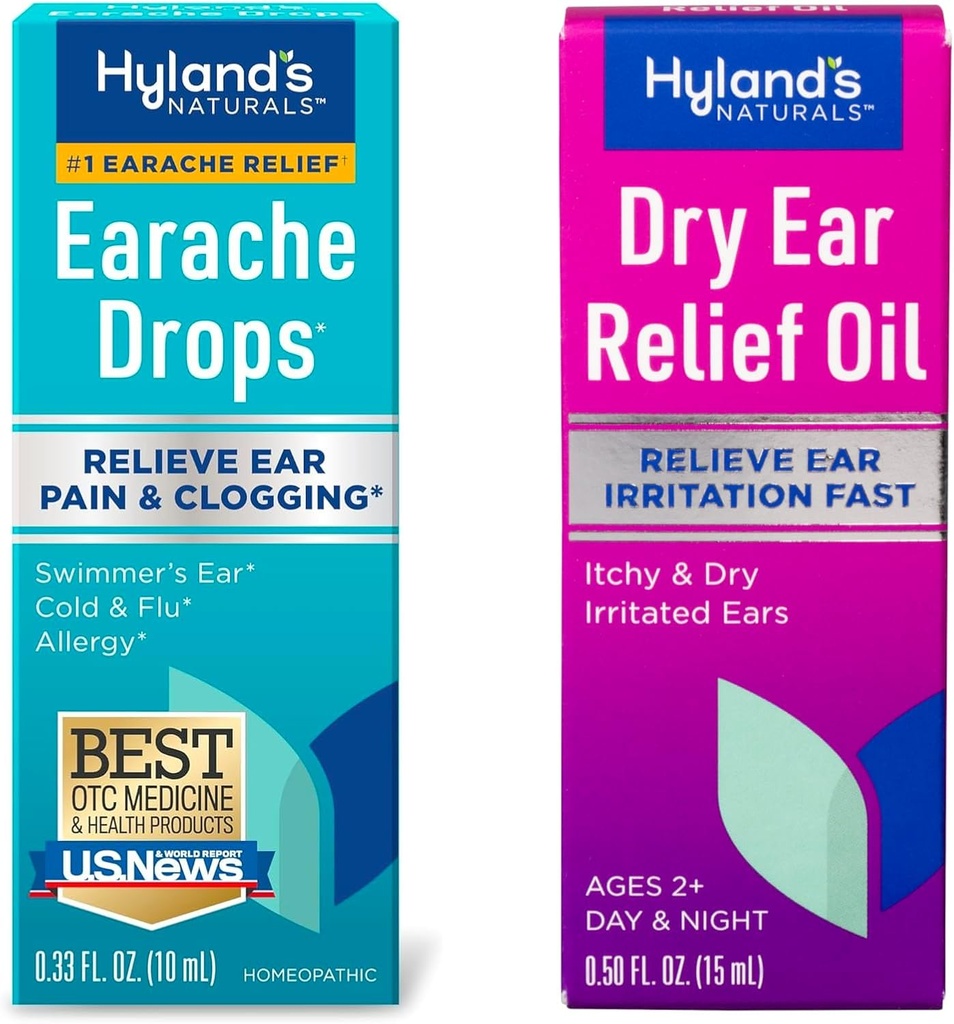 Pacote de gotas de dor de ouvido de Hyland 0,33 Fl Oz e óleo de alívio de ouvido seco, aliviar a irritação do ouvido rápido, para Comichão e Dry Irritated Orelhas, Idades 2 e para cima, Dia e gotas noturnas, 0,5 onça