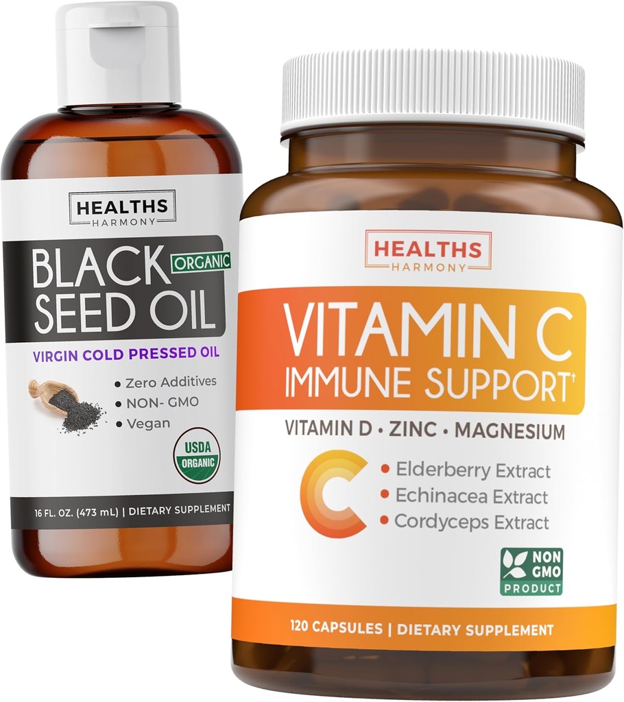 Suporte de óleo de semente preta Líquido & Imune (2-fornecimento de mês) Imune Maximiser Bundle - Black Seed Oil Líquido (16fl.oz) Premium Clack Cumin Seed Oil & Vitamina C Imune Support (120 Veg Caps)