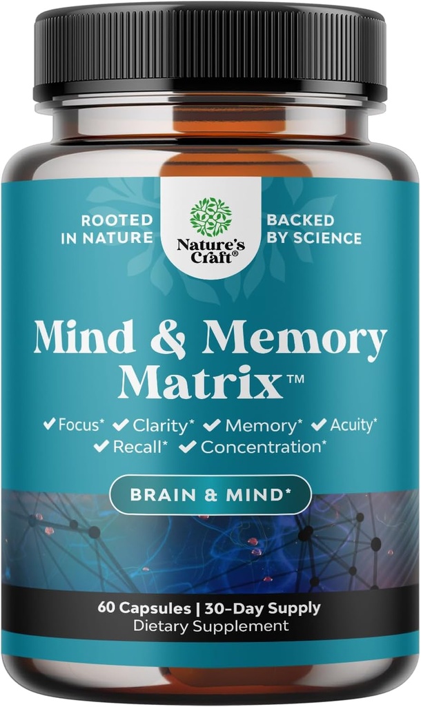 Matrix Nootropic Brain Supplement for Memory and Focus Enhancement - Vitaminas for Mental Health & Clarity - Complexo cognitivo para adultos de todas as idades Vitalidade da mente - 60 Cápsulas