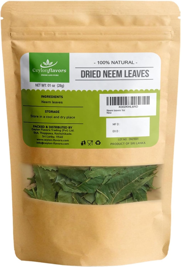 CEILONFLAVORES FRESCOS E PUROS Folhas de Neem seco 1 oz colhidas de árvores naturalmente cultivadas