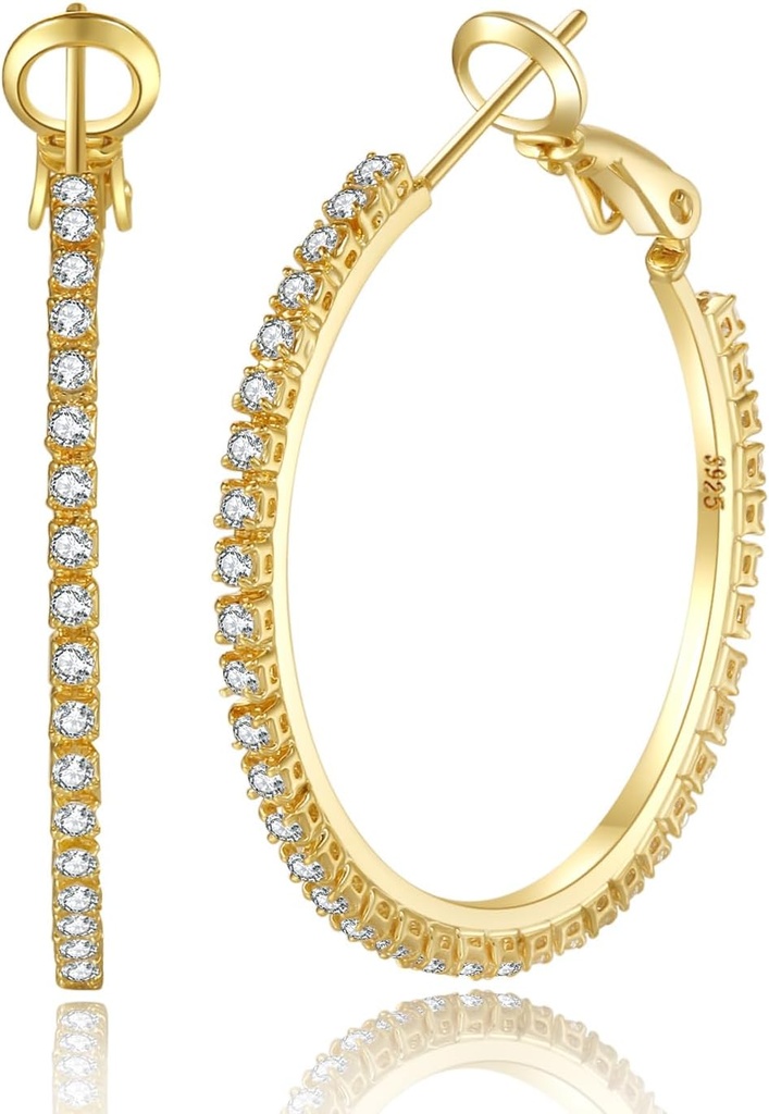 Brincos de prata Sterling Big Sterling Brincos de Hoop para Mulheres Brincos de Hoop Grande Rhinestone Brincos de Zirconia cúbica hipoalergênica para Mulheres 30/40/50/60/70mm