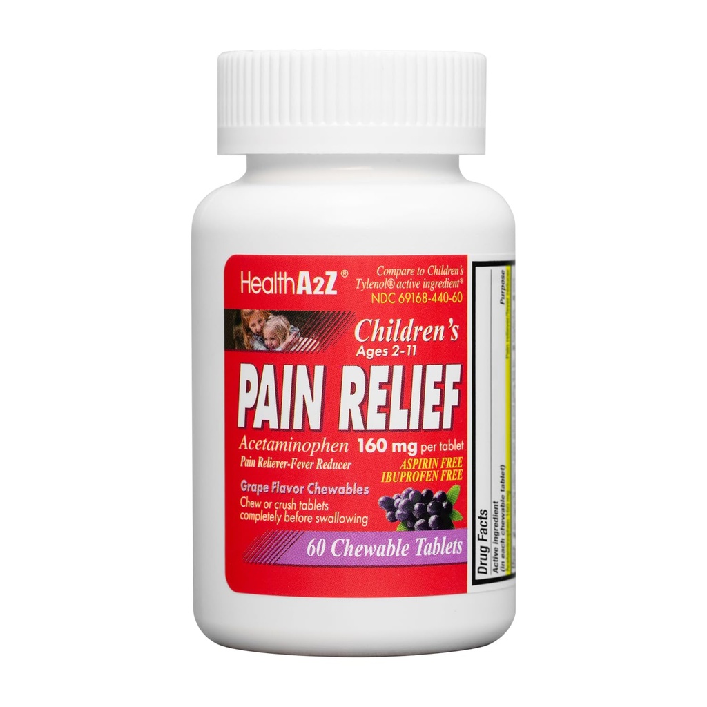 HealthA2Z® Children's Chevable Pain Relief □ Acetaminofeno 160mg □ Chewable Tablets □ Grape Flavor Chewables □ Aspirina & Ibuprofeno Livre (60 Condes)