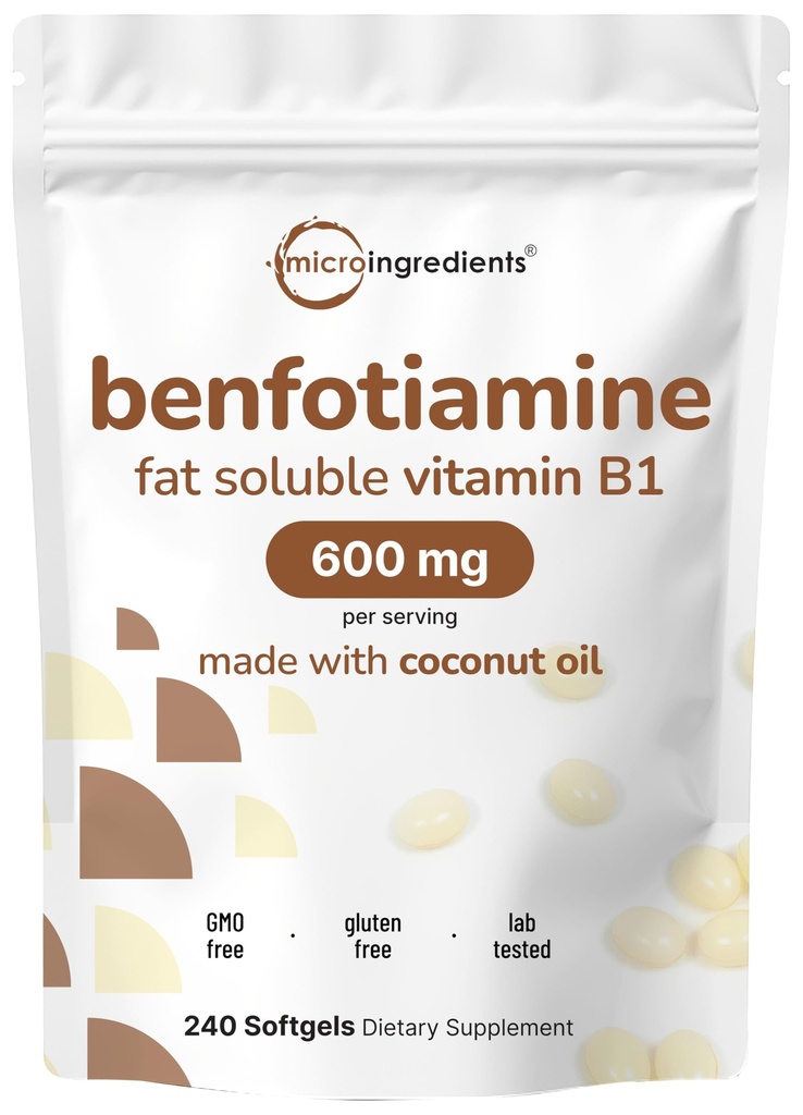 Micro Ingredientes Vitamina B1 Benfotiamina 600mg Por Servindo, 240 Óleo de coco Softgels □ Suplemento de vitaminas B biodisponível, convertido para Thiamine ativo