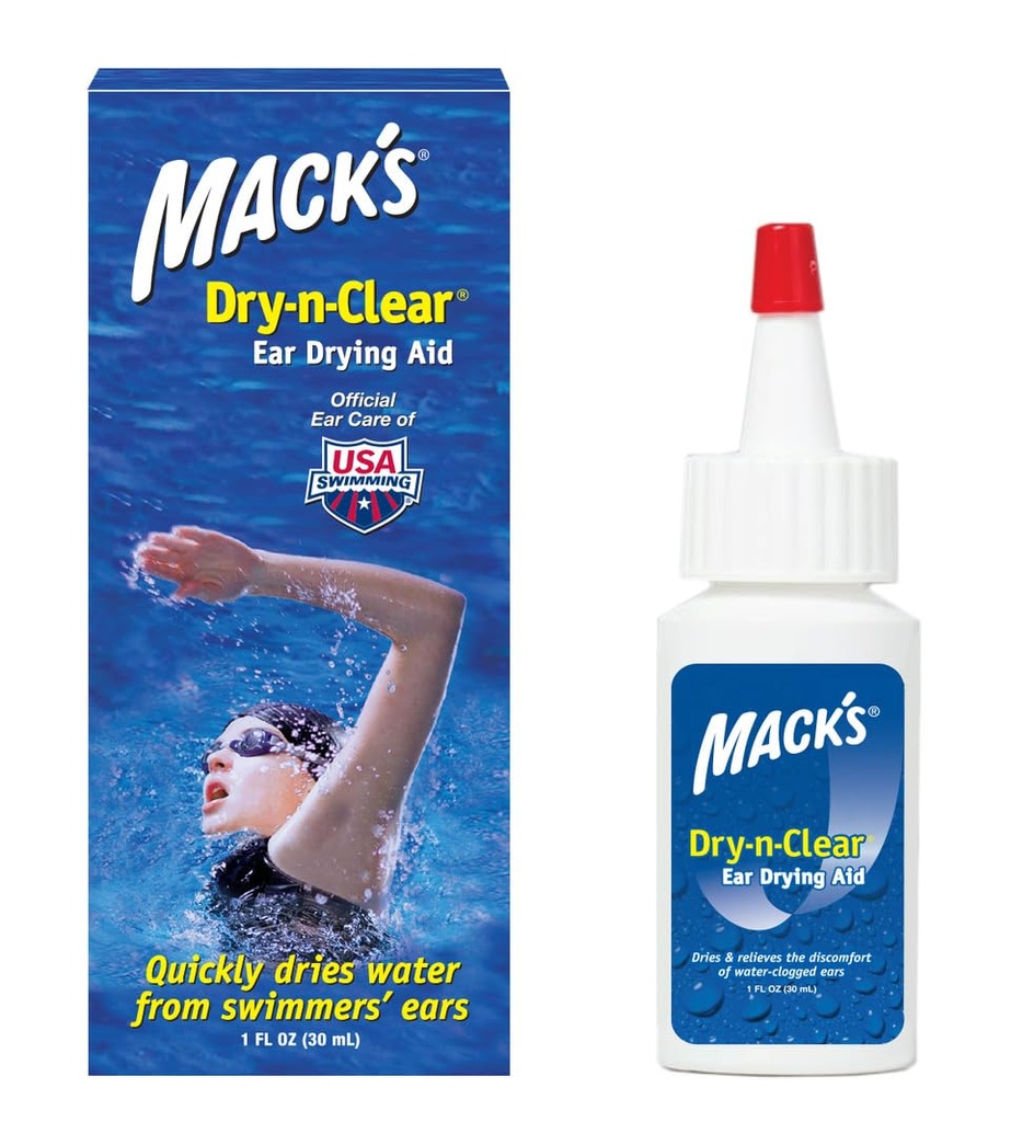 Mack's Dry-n-Clear® Ear Drying Aid - Nadadores Orelhas Gotas para Orelhas Entupidas de Água Após Nadar, Tomar banho, Mergulhar e Surfar - 1 Fl Oz