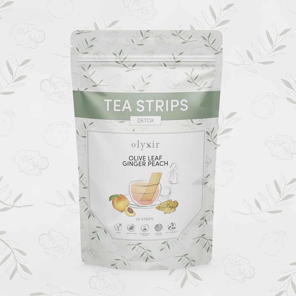 Tiras de chá Olyxir Detox - Folha de Olive Natural, Ginger, & Flavors de pêssego - Instantânea, Energizante, Orgânica, Paleo, Vegan, Não-GMO