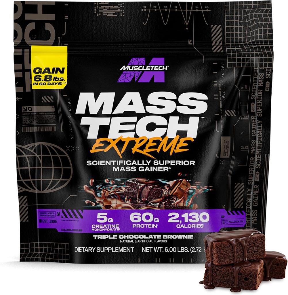 Muscletech High-Protein Mass Gainer (Triple Chocolate Brownie, 6LB) - Mass Tech Extreme 2000 Mass Gainer Protein Powder Supplement - Gainer peso para aumentar o músculo, melhor recuperação e força
