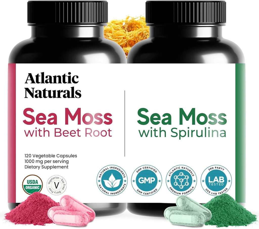 Atlantic Naturals Sea Moss Superfood Bundle - Sea Moss com beterraba Raíz e espirulina Cápsulas - Suporte de Defesa, Fluxo de Sangue, Saúde Conjunta e Ferro - 240 Cápsulas (2 x 120 ct)