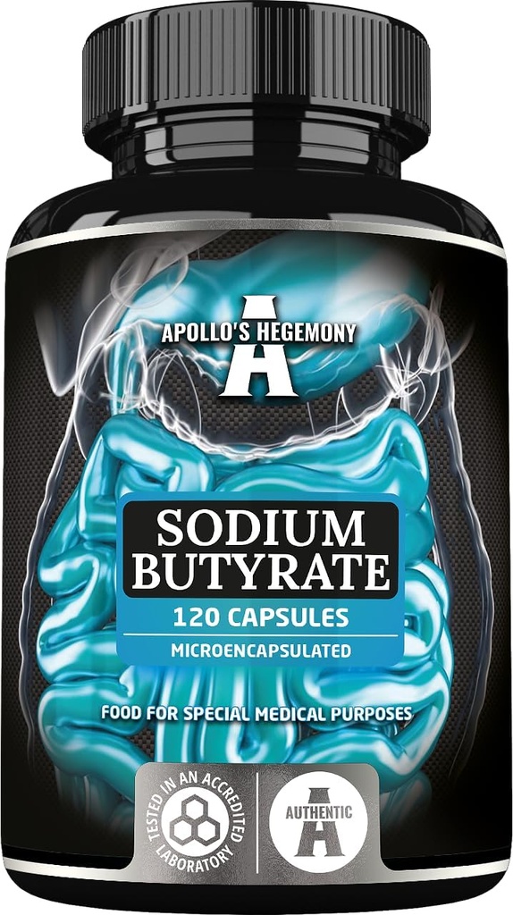 Butirato de sódio alta dose 570 mg (30% de ácido butírico), 120 cápsulas Vegan, Fornecimento de 4 meses, Suplemento de sódio para apoiar Regeneração da barreira intestinal e Saúde do Gut Overal - pela Hegemonia de Apollo